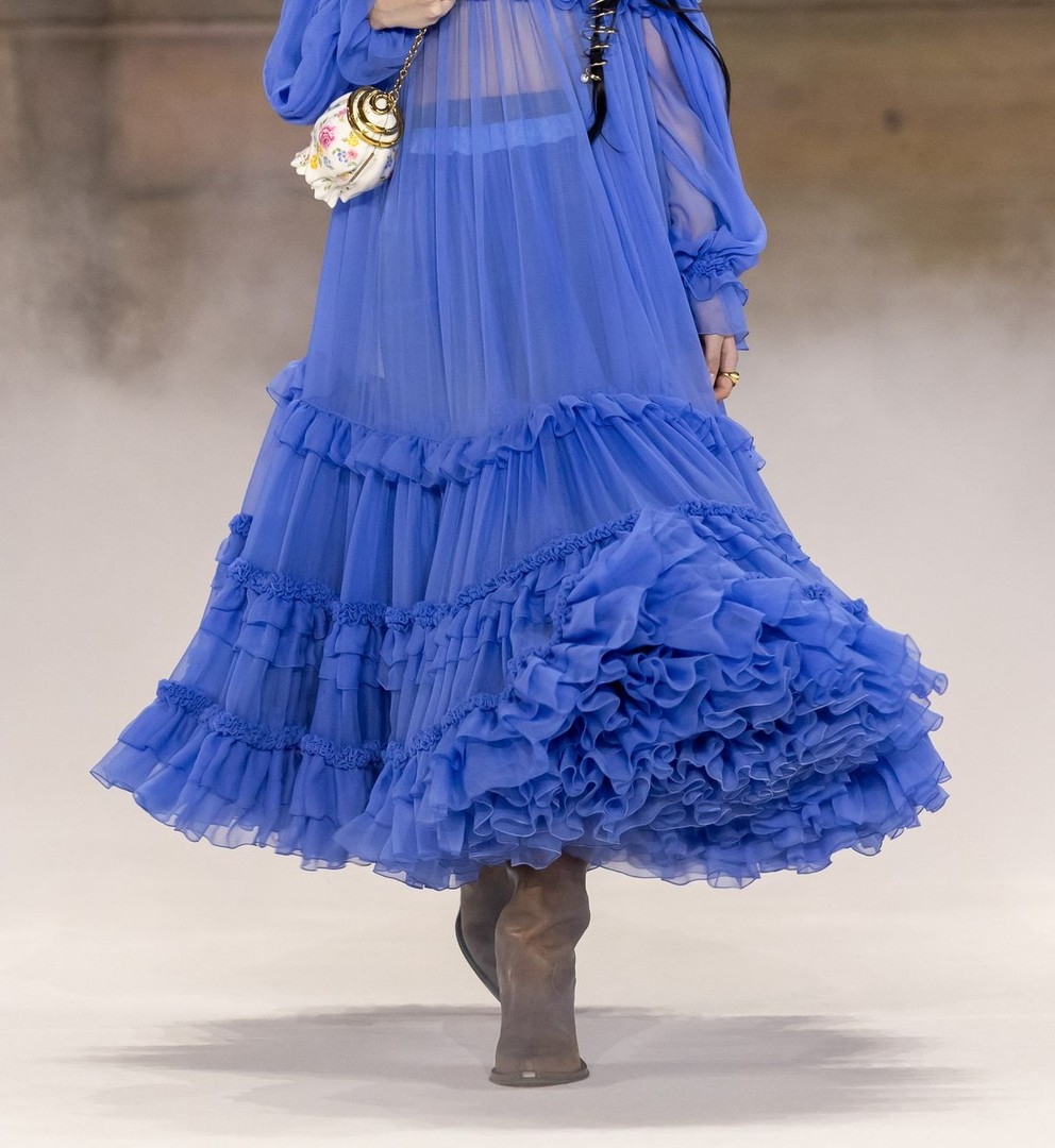 Close-up: periwinkle silk mousseline tiers with a ruffled hem, Chloé Fall 2026
