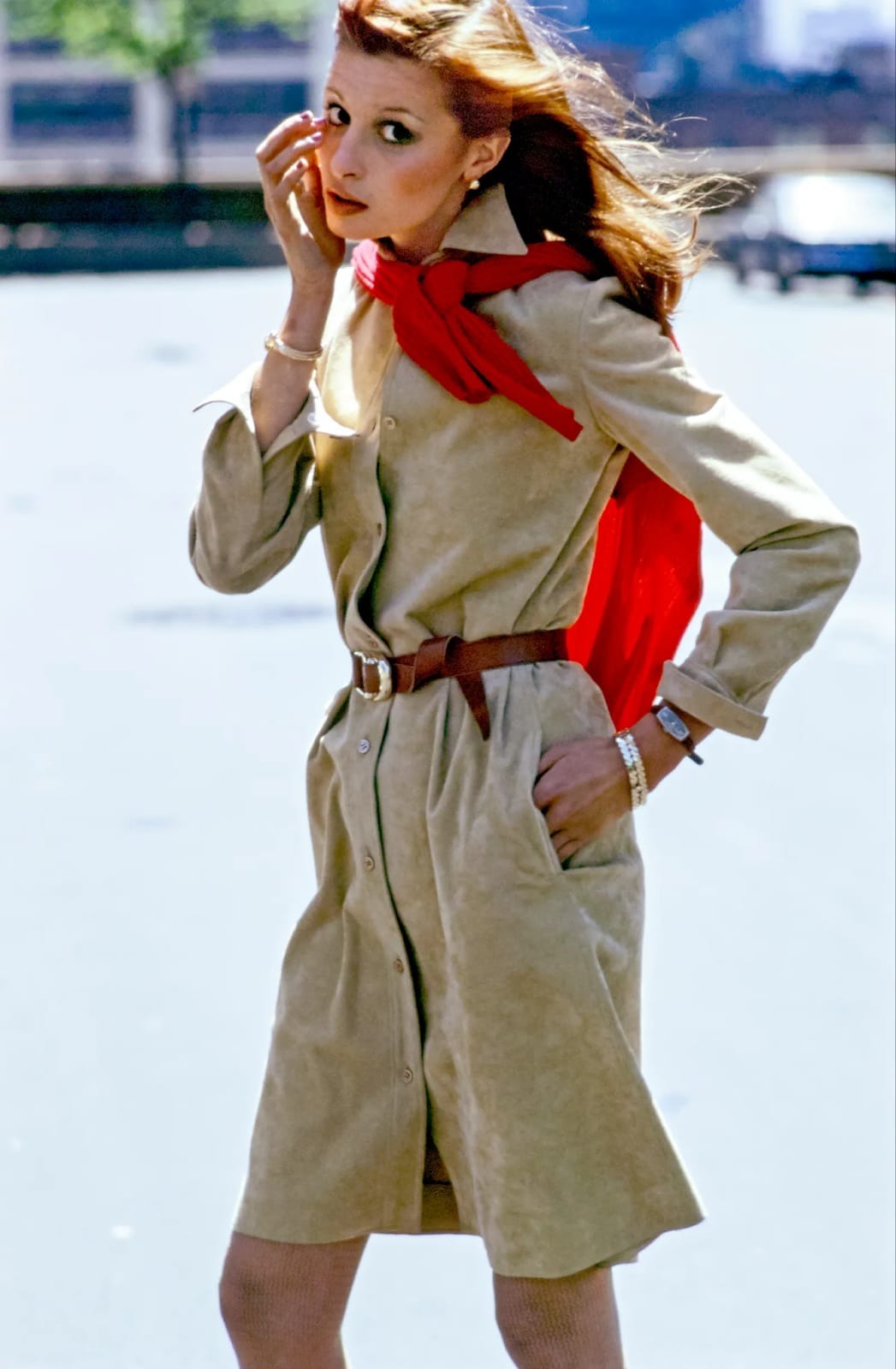 Halston Ultrasuede shirt-dress with a belt and a red scarf, 1972