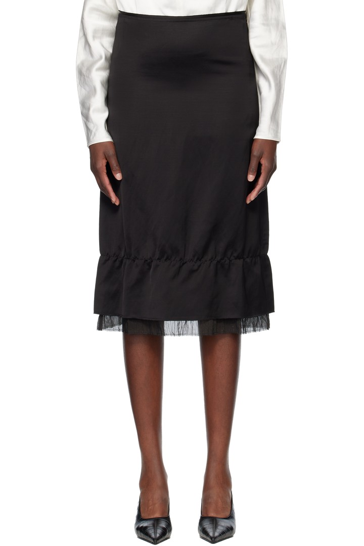 Toteme black satin midi skirt over a longer gauze underlay