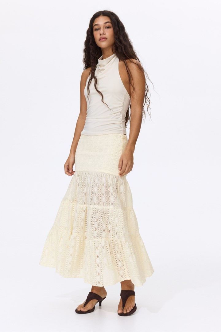 H&M cream lace maxi skirt with a smocked waist and gathered tiers