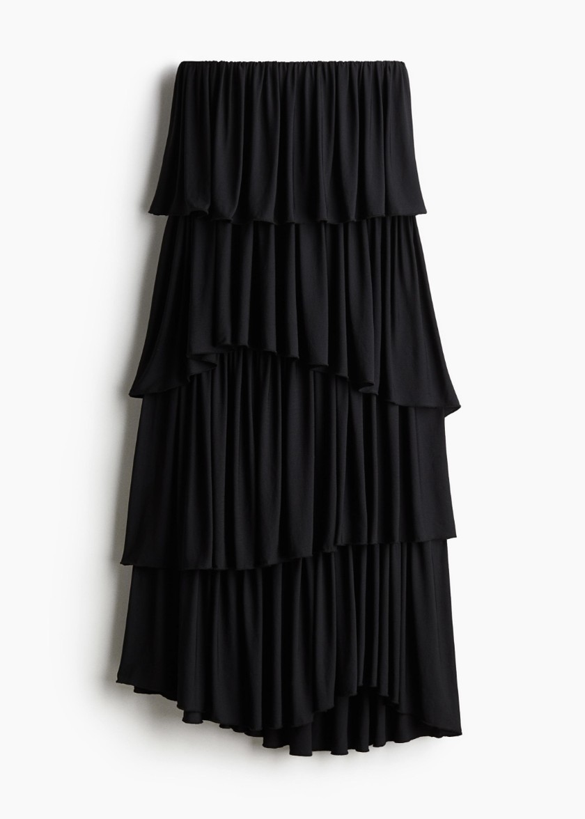 H&M Edition black maxi skirt with four rows of flounces on a gathered waist