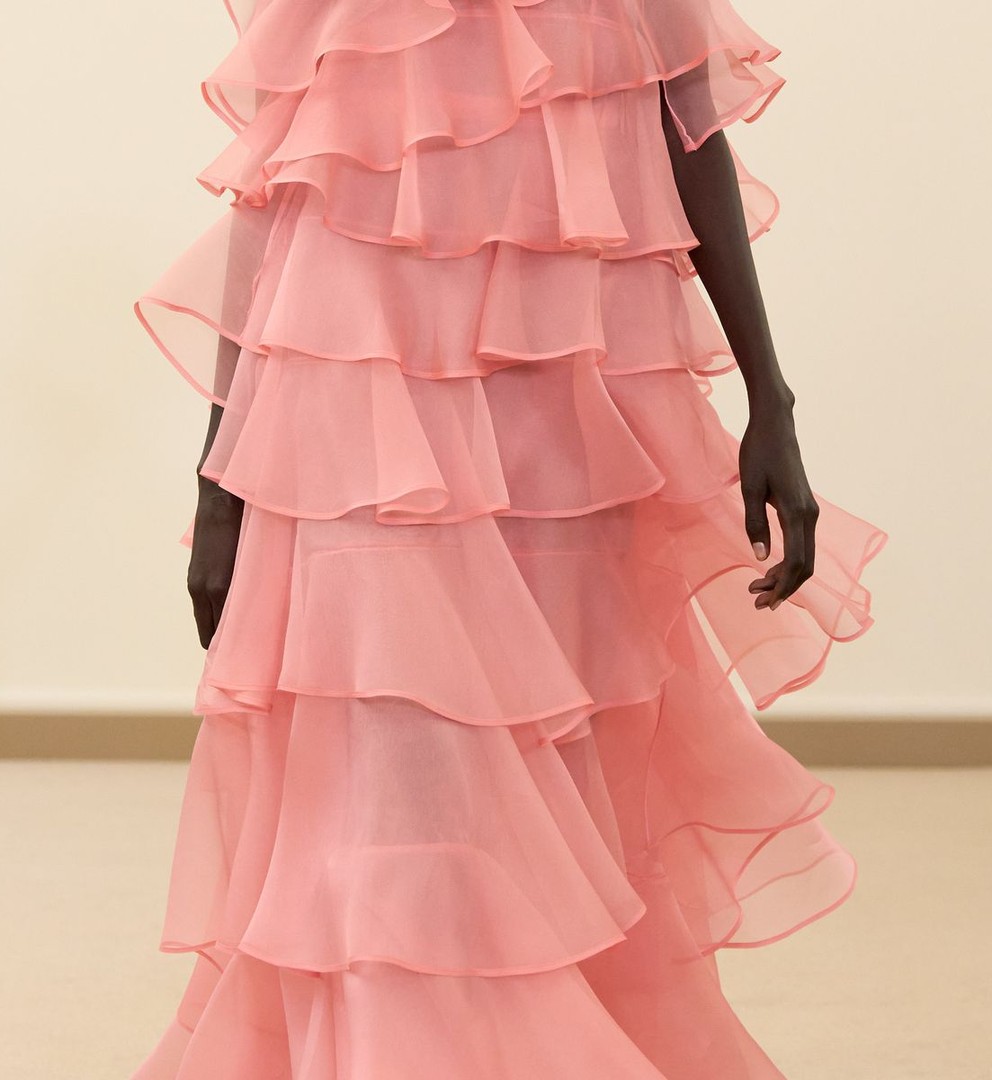 Close-up: rows of pink organza ruffles, Giambattista Valli Spring 2026