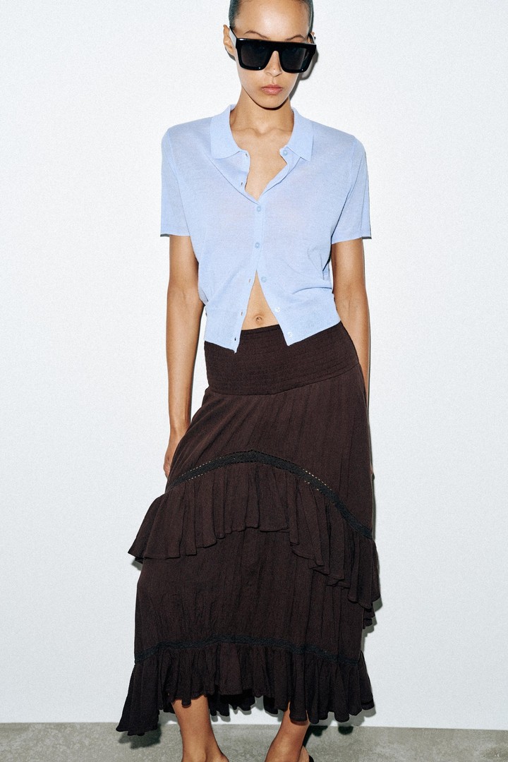 Zara brown midi-long skirt with diagonal rows of ruffles