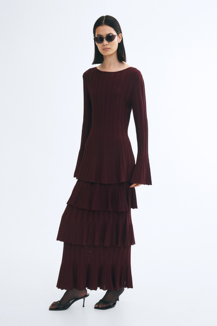 H&M bordeaux rib-knit maxi skirt with three rows of pleated flounces
