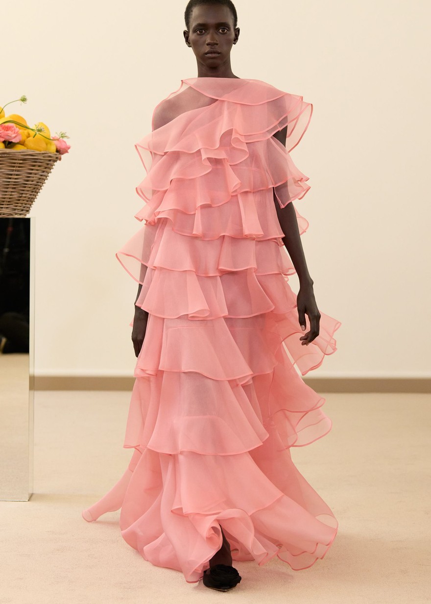 Giambattista Valli Spring 2026, look 46: pink organza gown with rows of ruffles to the floor