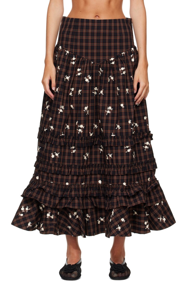 Ganni brown check maxi skirt of gathered tiers with frills on the seams