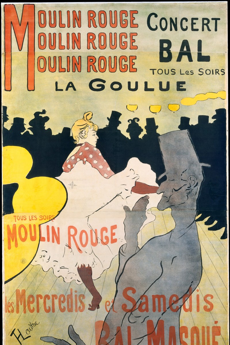 Toulouse-Lautrec’s poster Moulin Rouge – La Goulue, 1891: La Goulue dances the cancan, her white petticoats spread around her