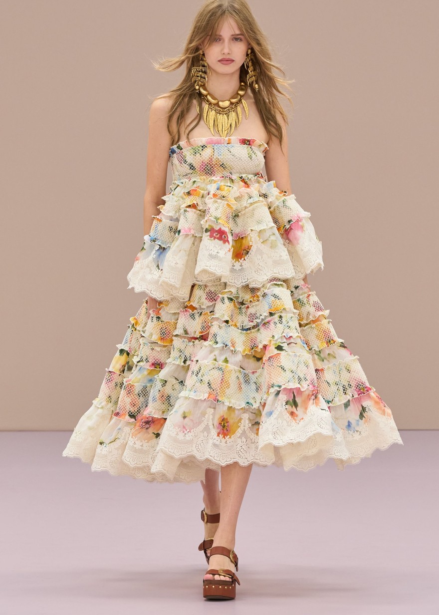 Zimmermann Spring 2026, look 21: very full skirt of printed lace-edged flounces