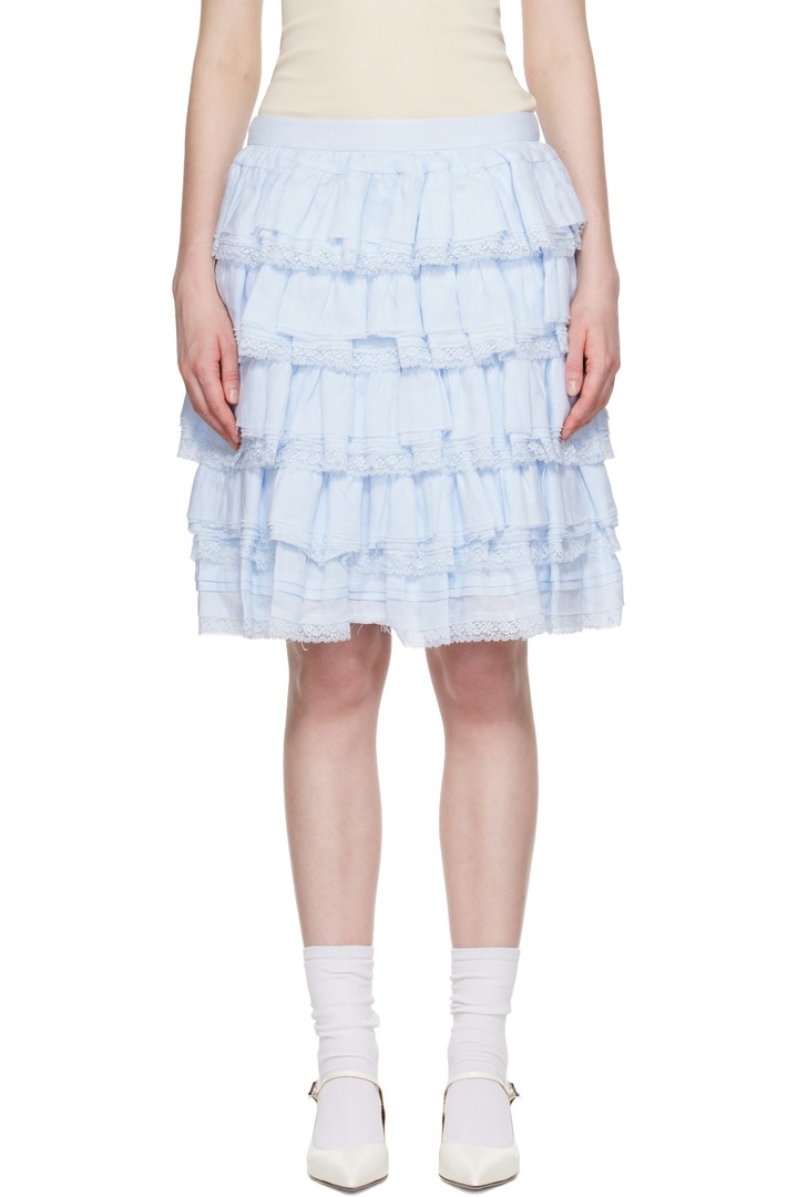 Shushu/Tong pale blue knee-length skirt of lace ruffle rows