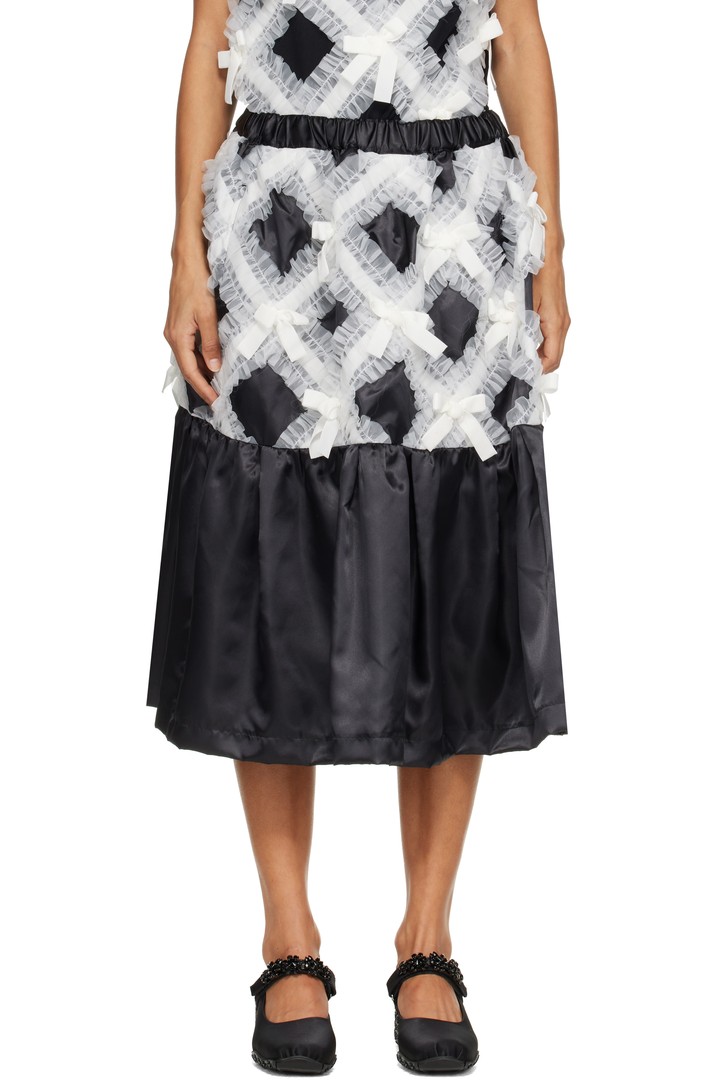 Comme des Garçons Girl midi skirt: decorated upper tier and gathered black satin lower tier