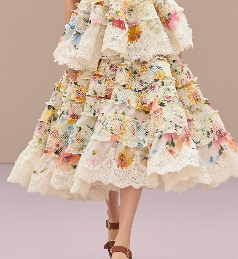 Close-up: printed flounces edged with white lace, Zimmermann Spring 2026