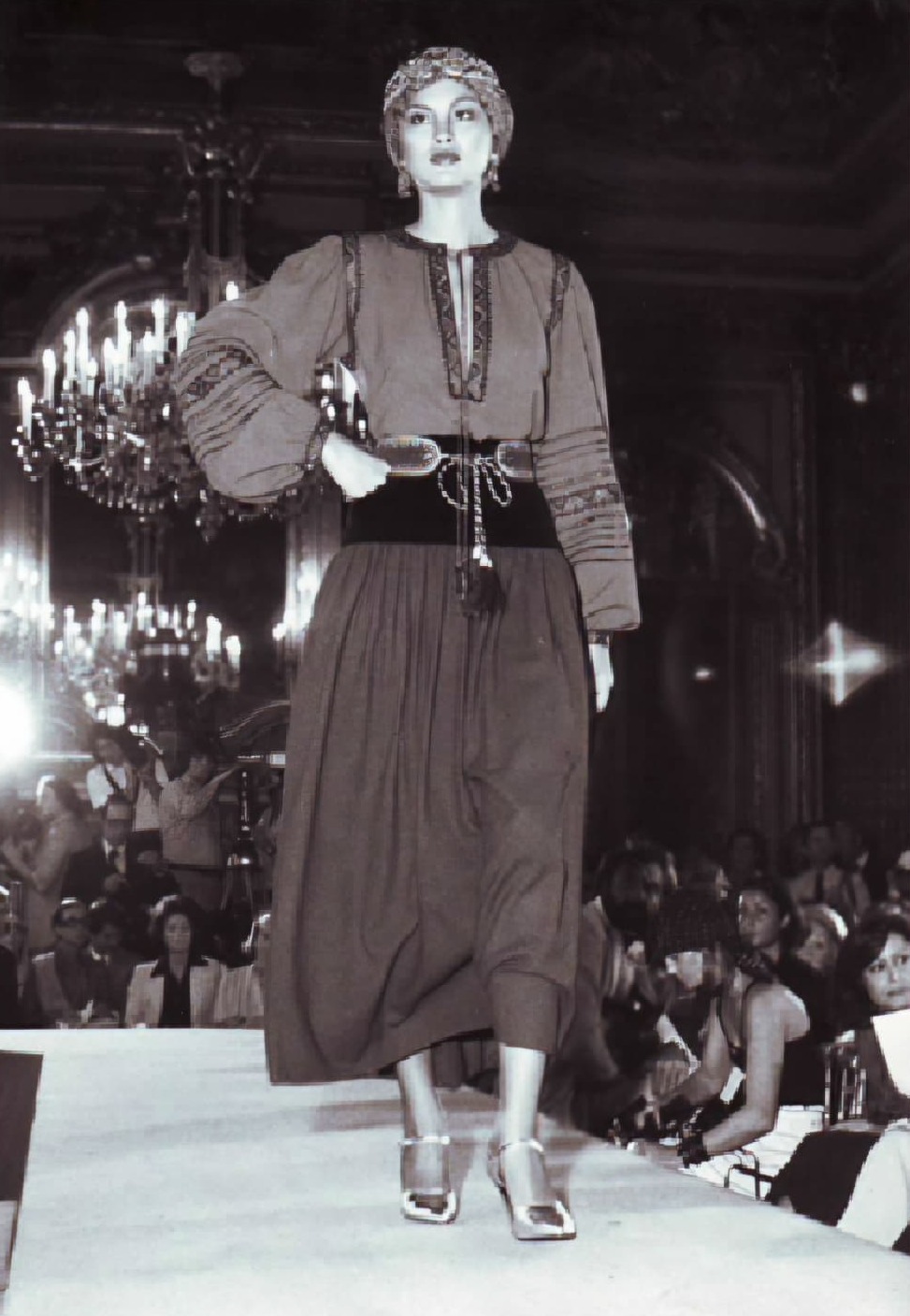 Yves Saint Laurent Autumn-Winter 1976 runway: embroidered peasant blouse, wide sash and a full gathered skirt