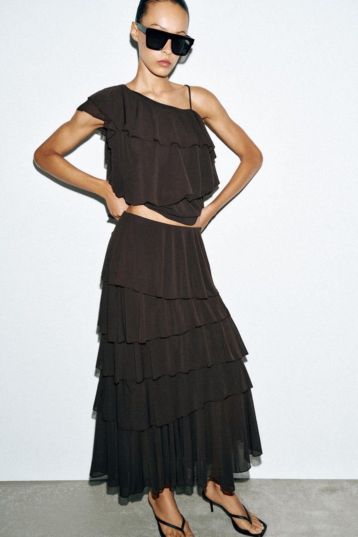 Zara dark brown midi-long skirt with rows of ruffles