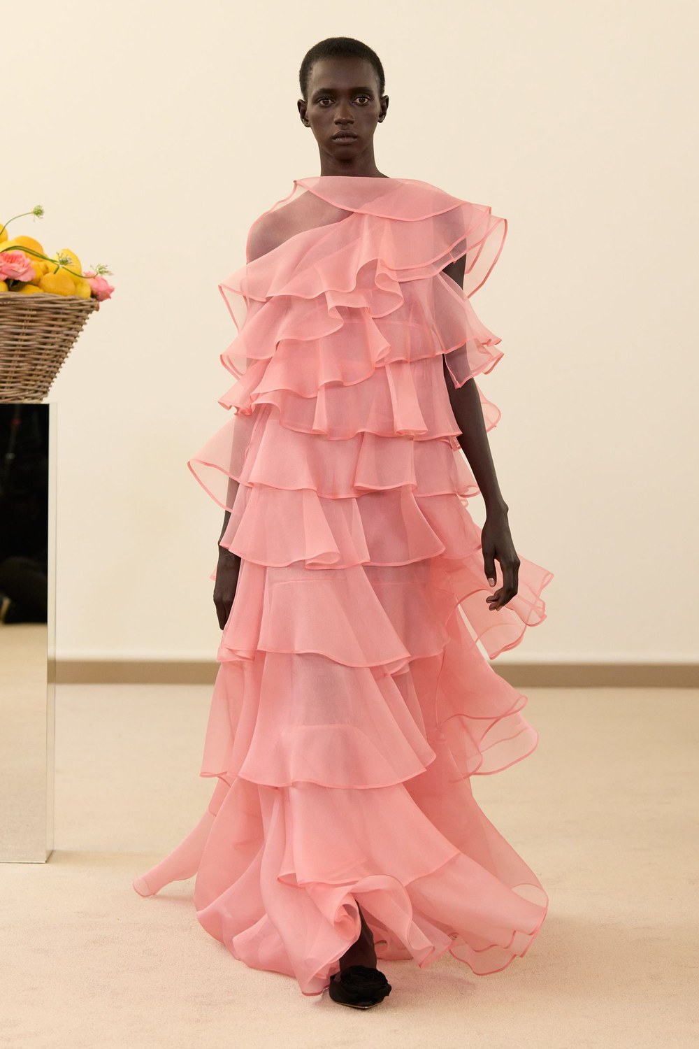 Giambattista Valli Spring 2026, look 46: pink organza gown made of about eight overlapping ruffle rows