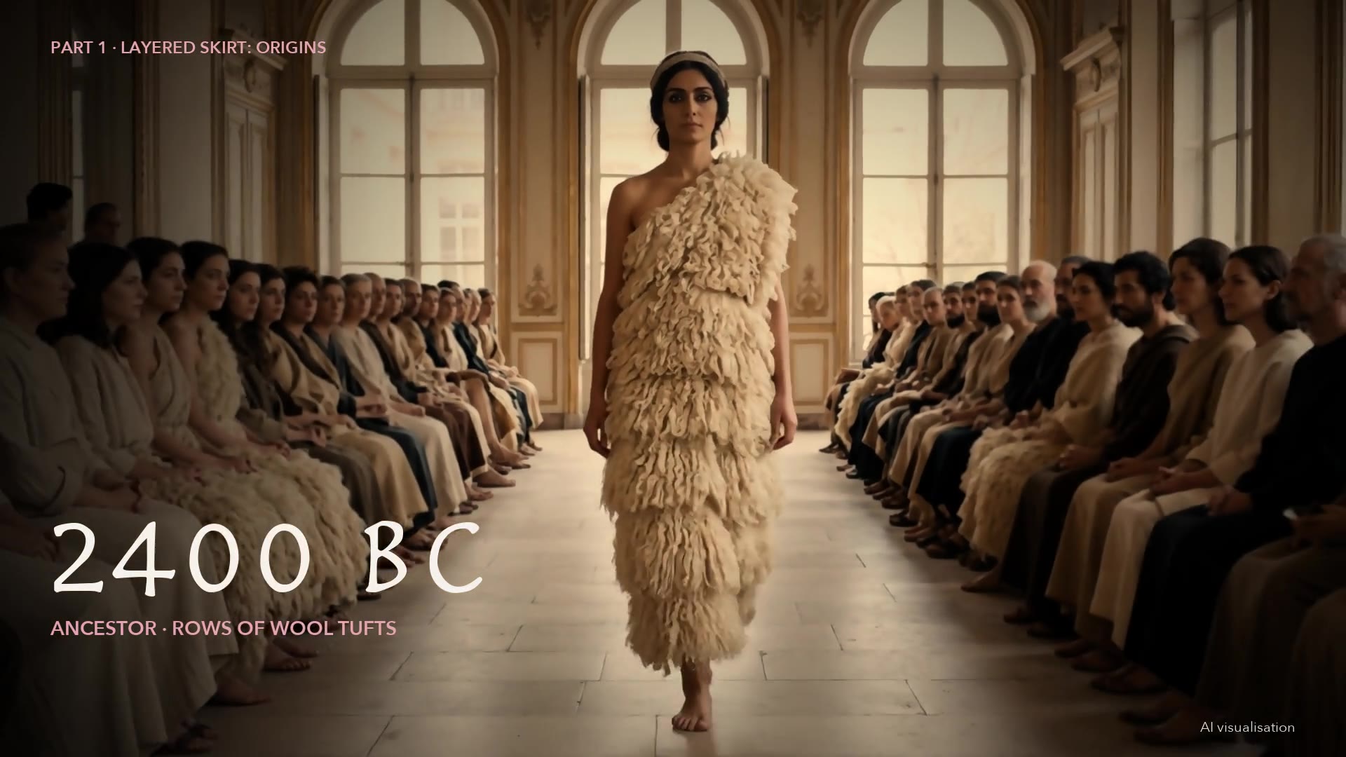 Layered history runway in one clip: for each era the real original comes first — the statue of Ebih-Il from Mari (c. 2400 BC) and the Snake Goddess of Knossos (c. 1600 BC) in lit museum vitrines, a robe à volants of the 1850s, a 1942 flamenco photo as a newsreel — then a woman in that dress walks toward us, and in 1942 she dances flamenco in Technicolor; on her turn the film whips into real runway clips of 2026