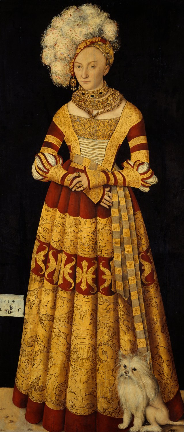 Lucas Cranach the Elder, Duchess Katharina of Mecklenburg, 1514: a red and gold dress with wide applied bands on the skirt