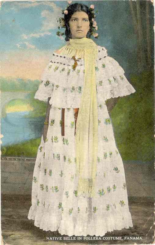 Postcard, about 1910: a woman in a white Panamanian pollera with gathered tiers and a yellow shawl