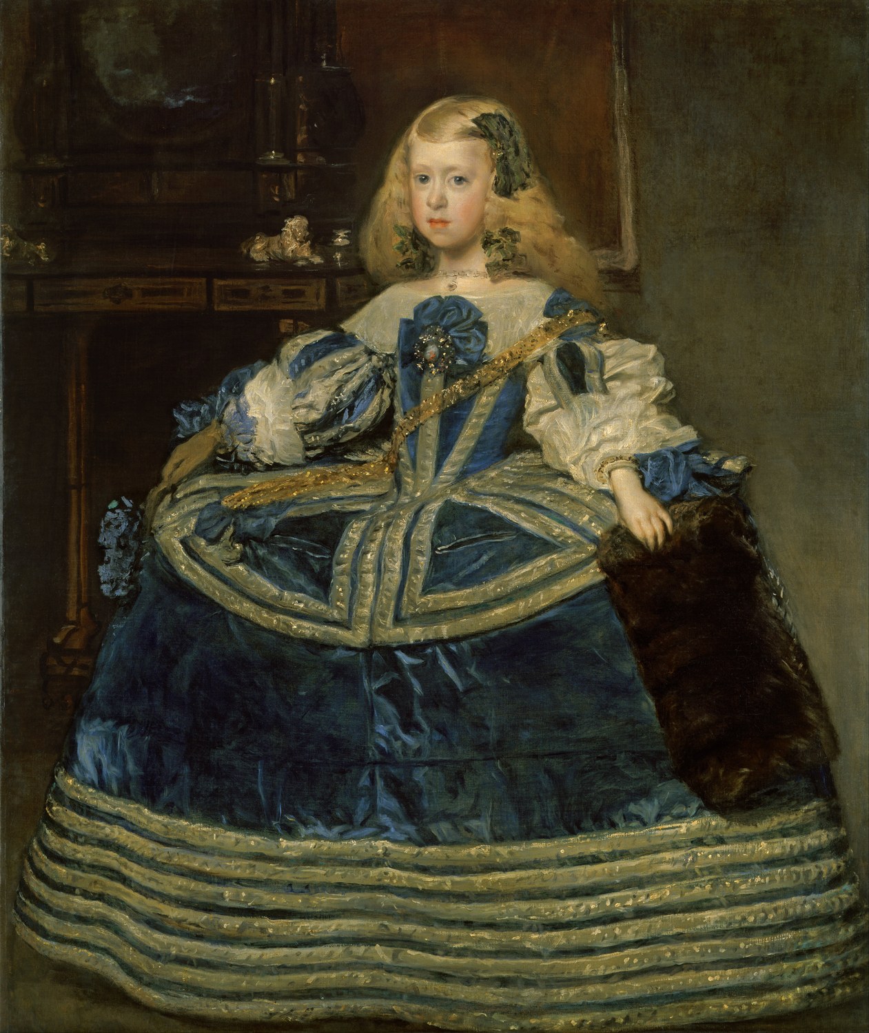 Velázquez, Infanta Margarita Teresa in a Blue Dress, 1659: a wide blue skirt over a hoop with rows of silver galloons