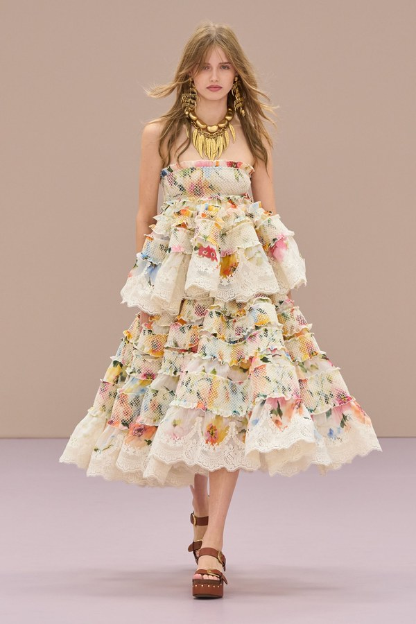 Zimmermann Spring 2026, look 21: floral strapless midi dress with lace-edged flounces in rows