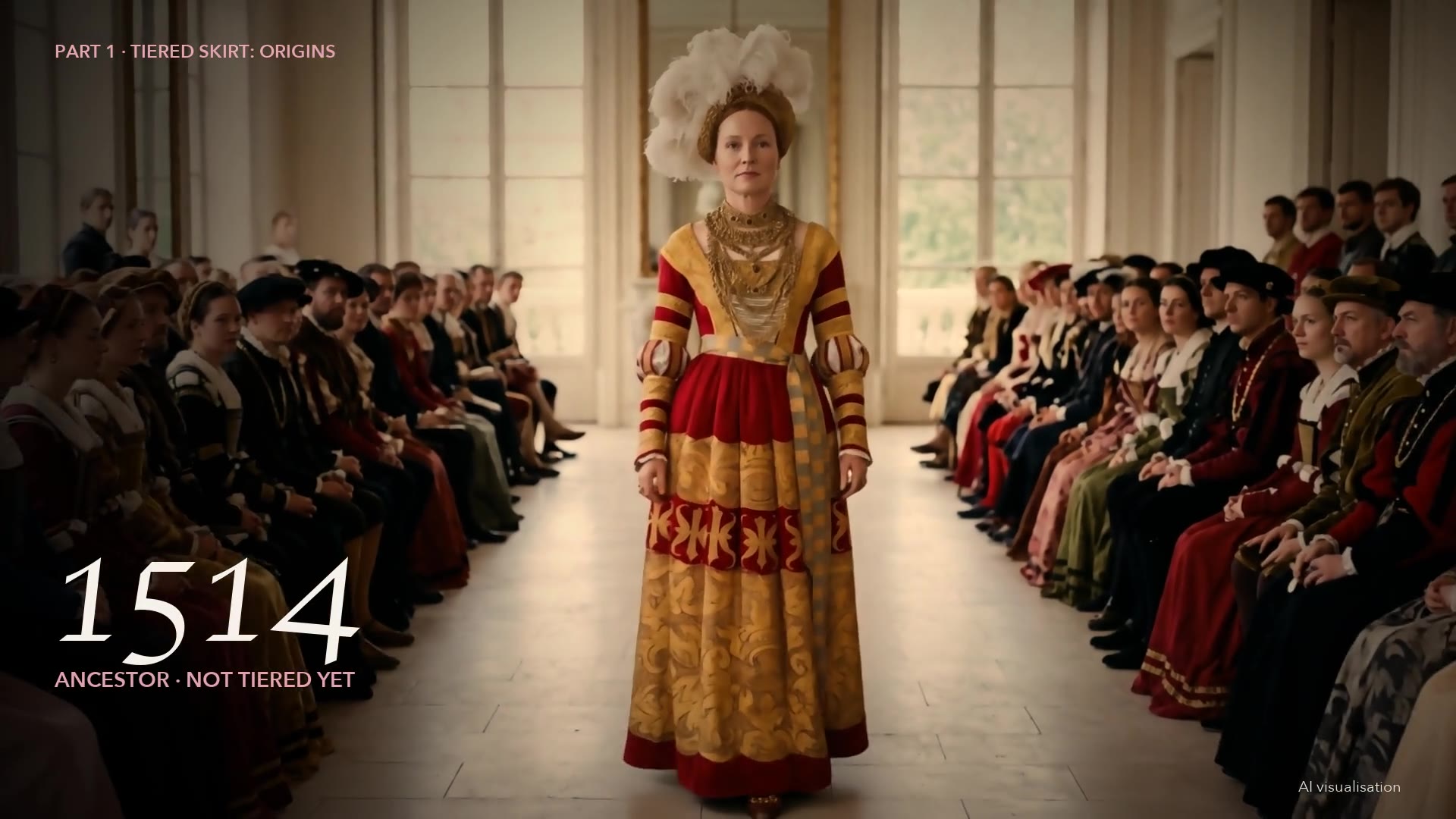 History runway in one clip: for each era the real original comes first — Cranach’s 1514 portrait, Velázquez’s 1659 Infanta, a 1750s robe, a pollera postcard of about 1910, a 1950 fiesta dress, 1970s prairie dresses — then a woman in that dress walks toward us, filmed the way her time would have seen it: painting, hand-coloured photo, colour slide, Super 8; the film burns into real runway clips of 2026