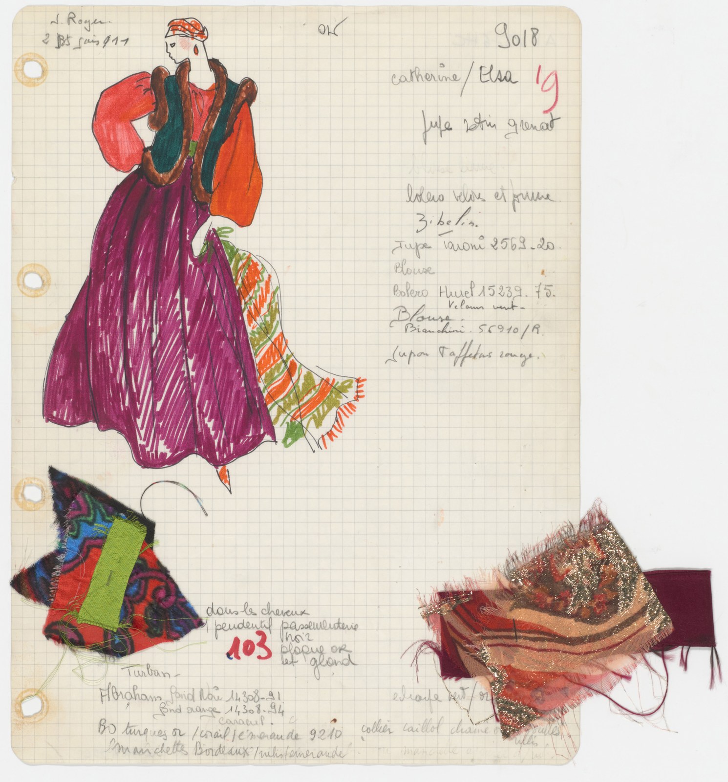 Yves Saint Laurent workshop sheet, 1976: sketch of a long evening look with fabric swatches and the notes “jupe satin grenat” and “jupon taffetas rouge” — a garnet satin skirt over a red taffeta petticoat