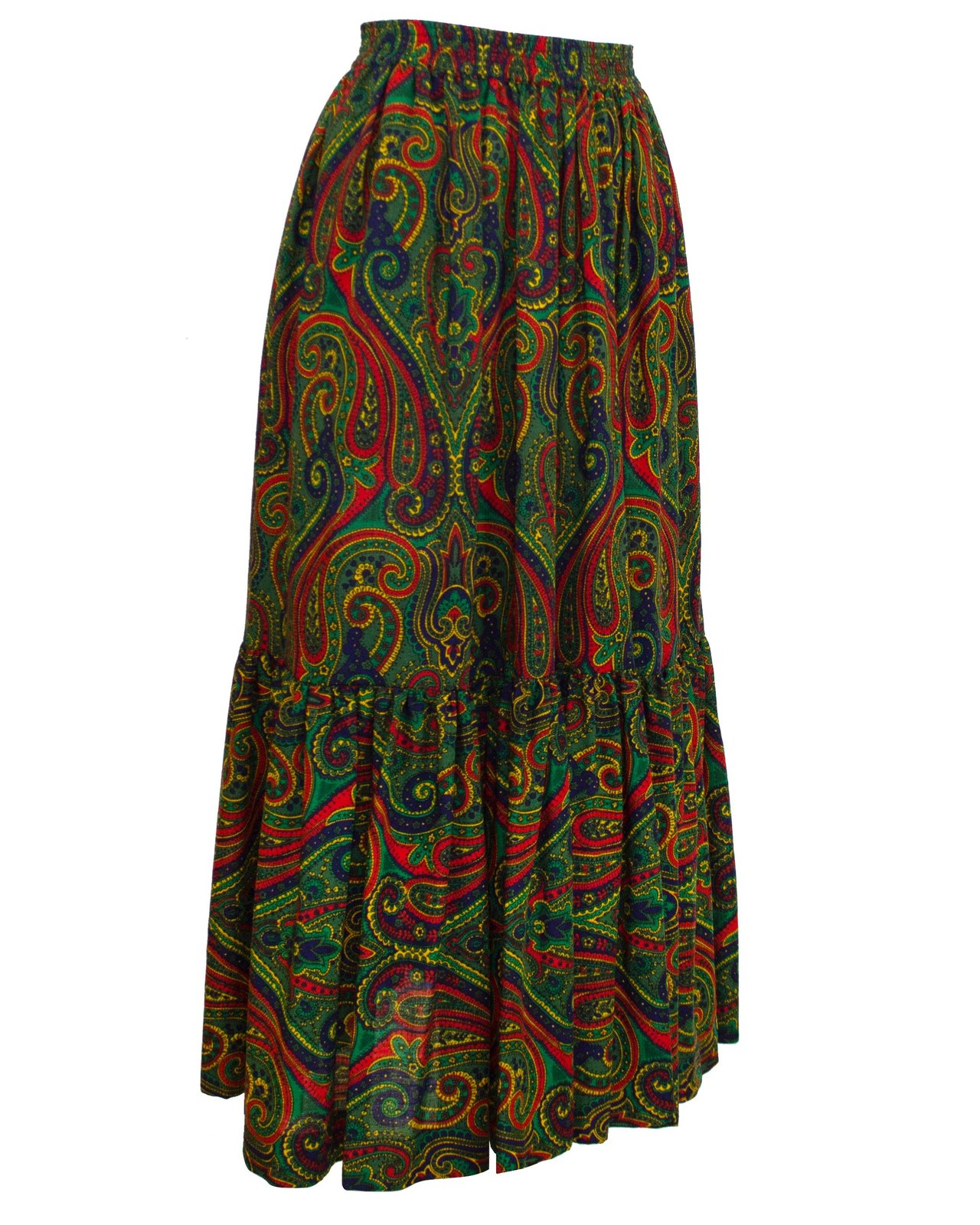 Yves Saint Laurent Rive Gauche paisley cotton peasant skirt, about 1976–77, made of two gathered tiers with an elastic waist